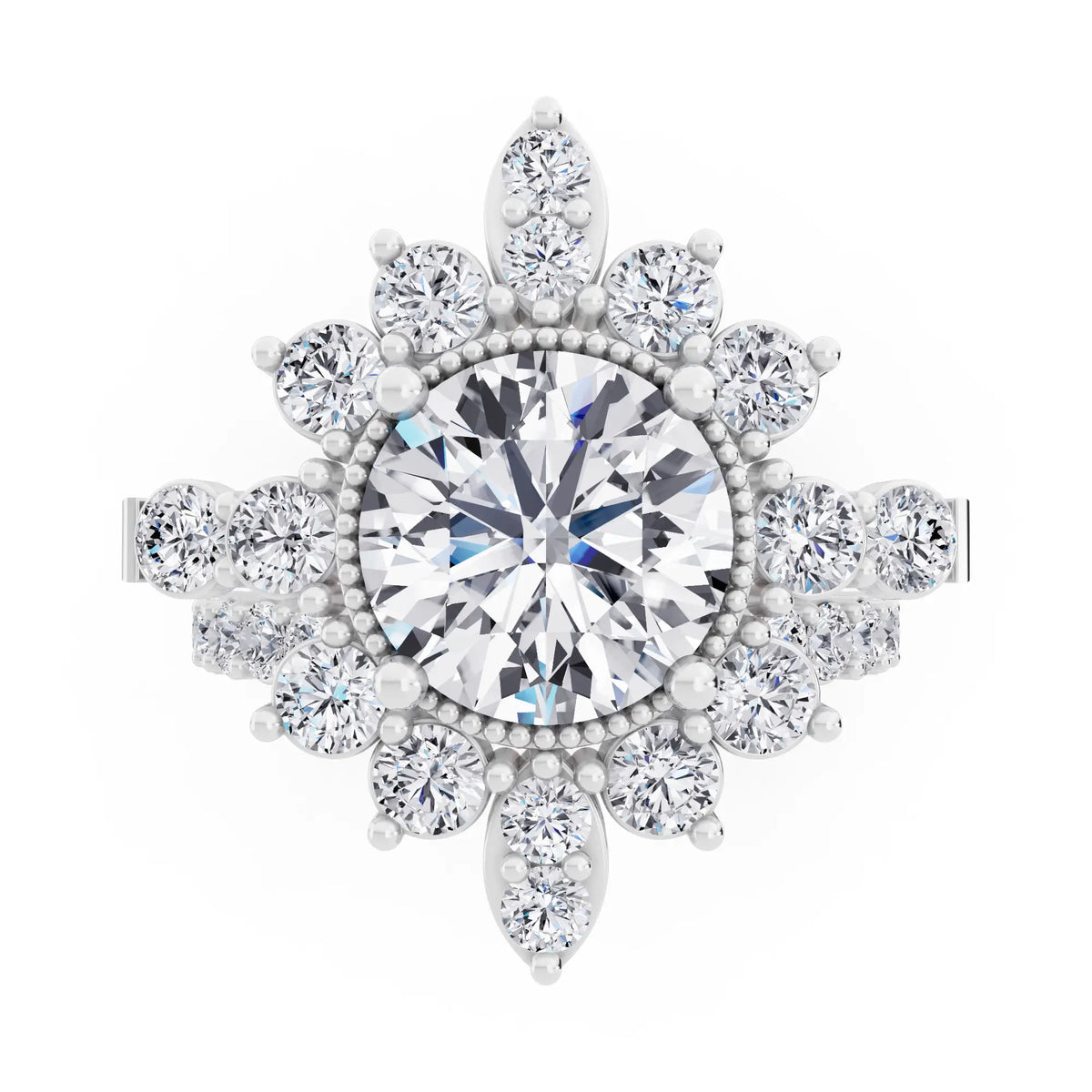 Platinum Round Cut Diamond Starburst Halo Ring - Top down