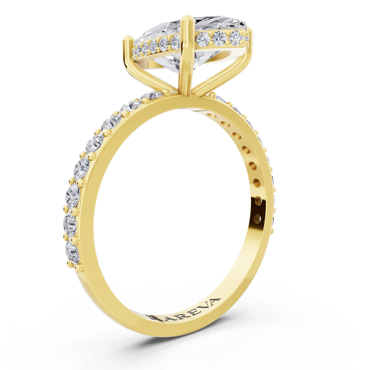 14 KT Yellow Gold Marquise Cut Diamond Solitaire Ring with Hidden Halo and Pave Band - top view