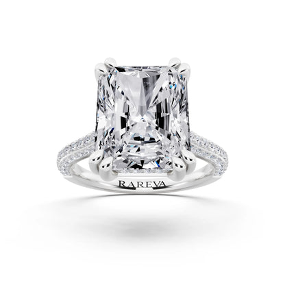 18 KT White Gold Radiant Cut Diamond Hidden Halo Double Claw Pave Band Ring - front view