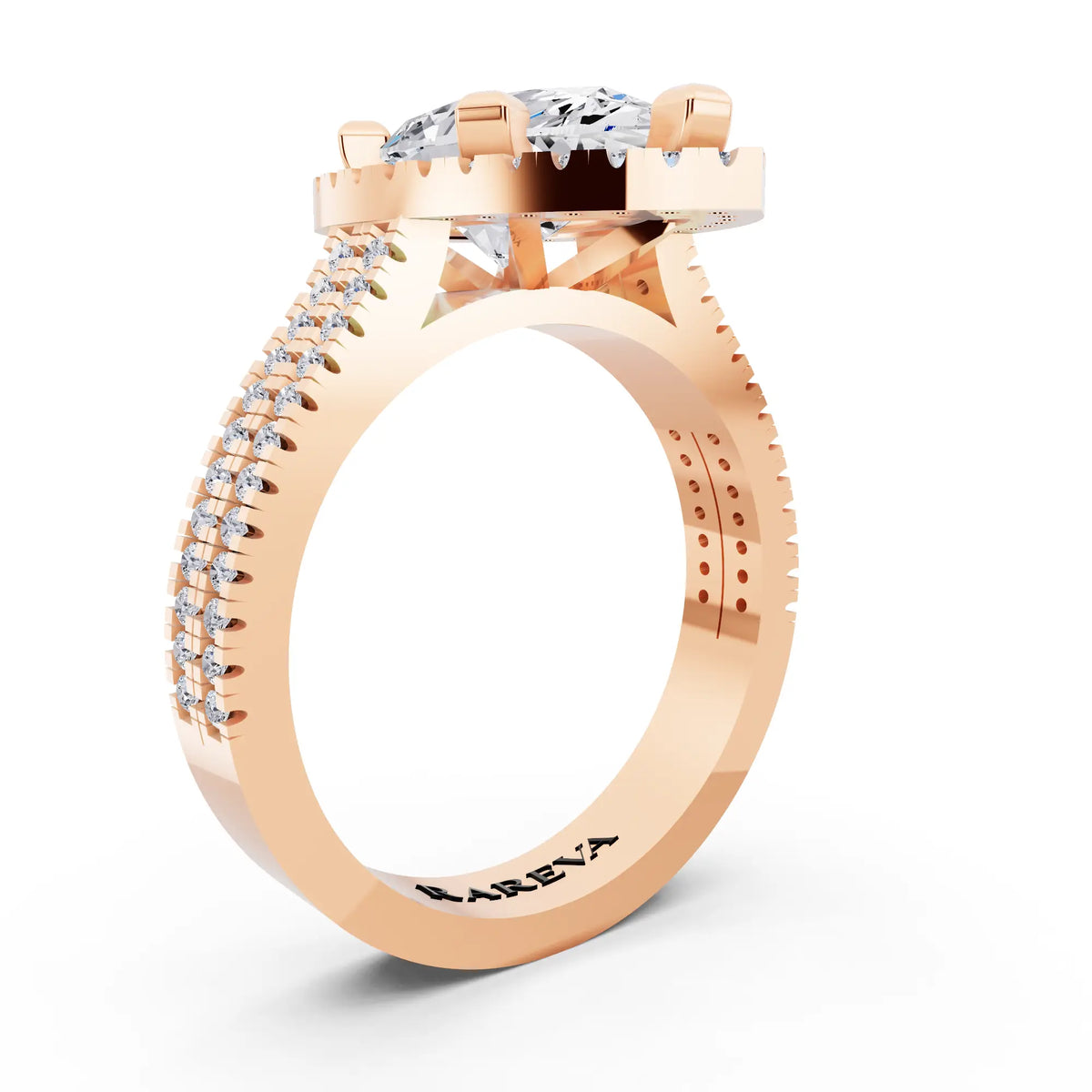 14 KT Rose Gold Pear Cut Diamond Halo Ring with Twin Pave Band - top view