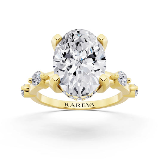 18 KT Yellow Gold Oval Cut Diamond Solitaire Ring with Floating Diamond Accents - front view