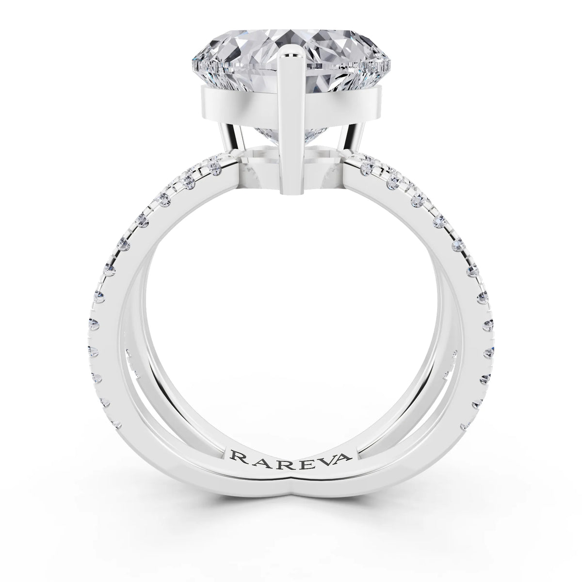 14 KT White Gold Heart Cut Diamond Ring with Twisted Split Shank - through finger