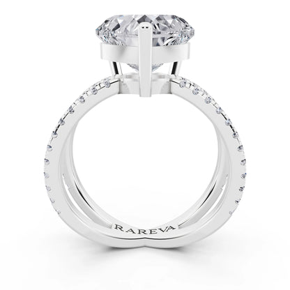 14 KT White Gold Heart Cut Diamond Ring with Twisted Split Shank - through finger