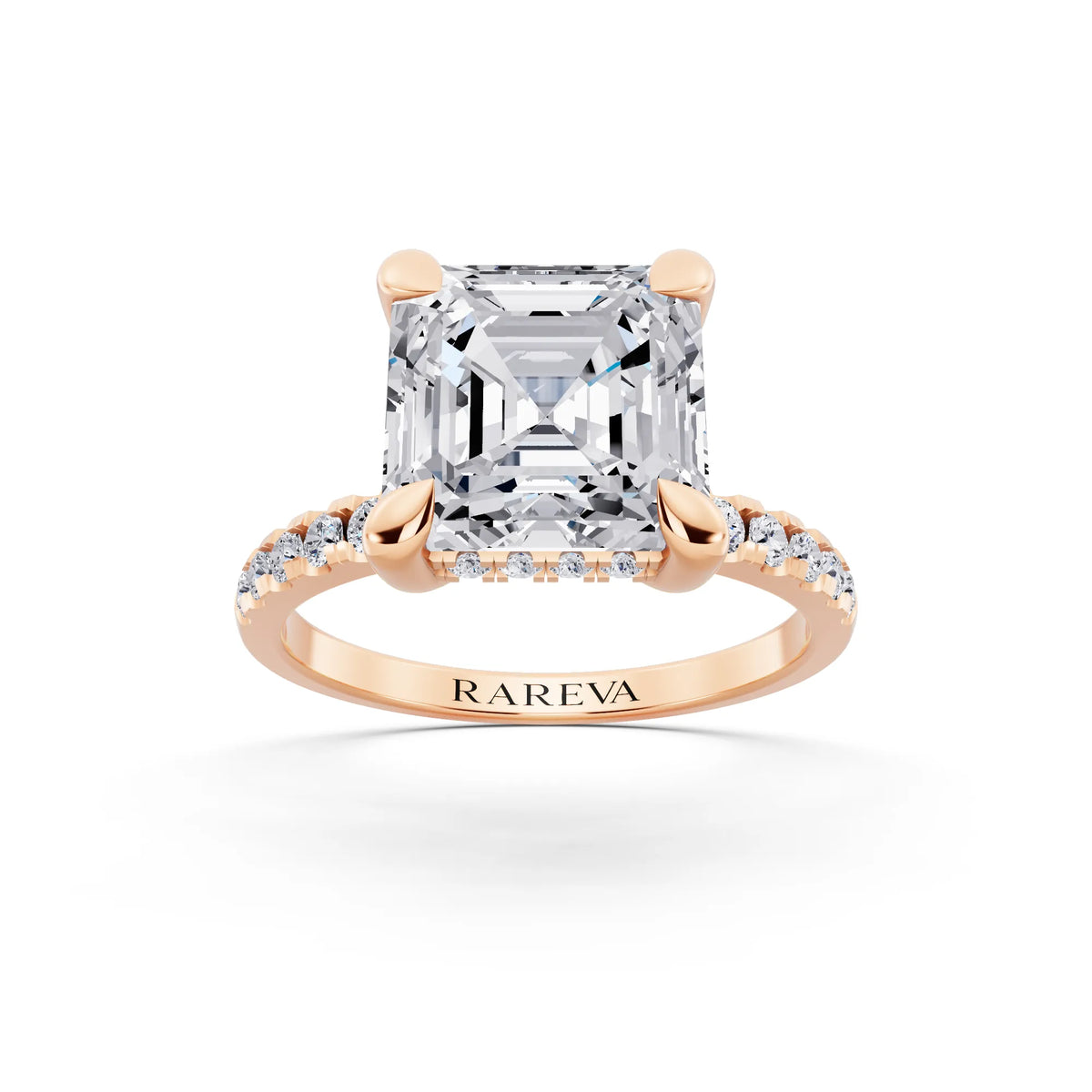 14 KT Rose Gold Asscher Cut Diamond Solitaire Ring with Round Pavé Band and Prong Setting - front view