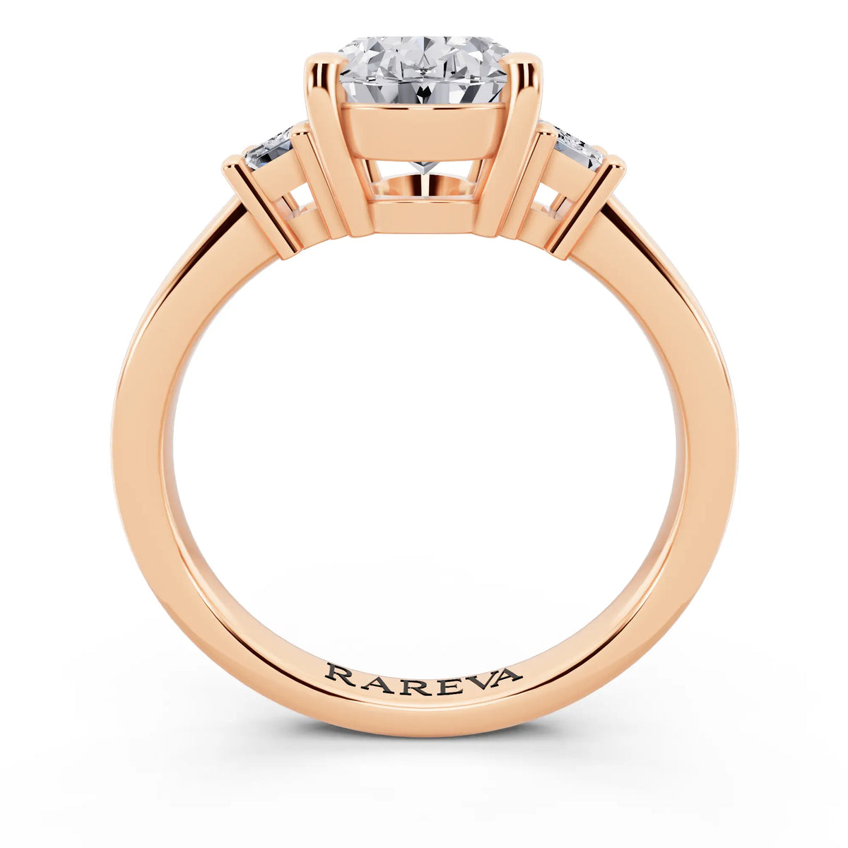 18 KT Rose Gold Oval Cut Diamond Three Stone Emerald Accent Ring - through finger