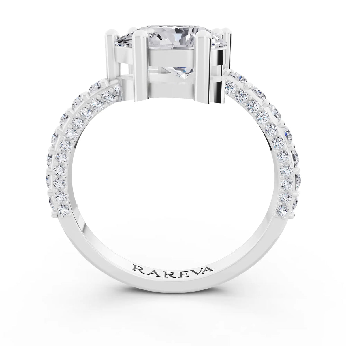 18 KT White Gold Pear Cut Diamond Two Stone Ring with Pave Band - Through
