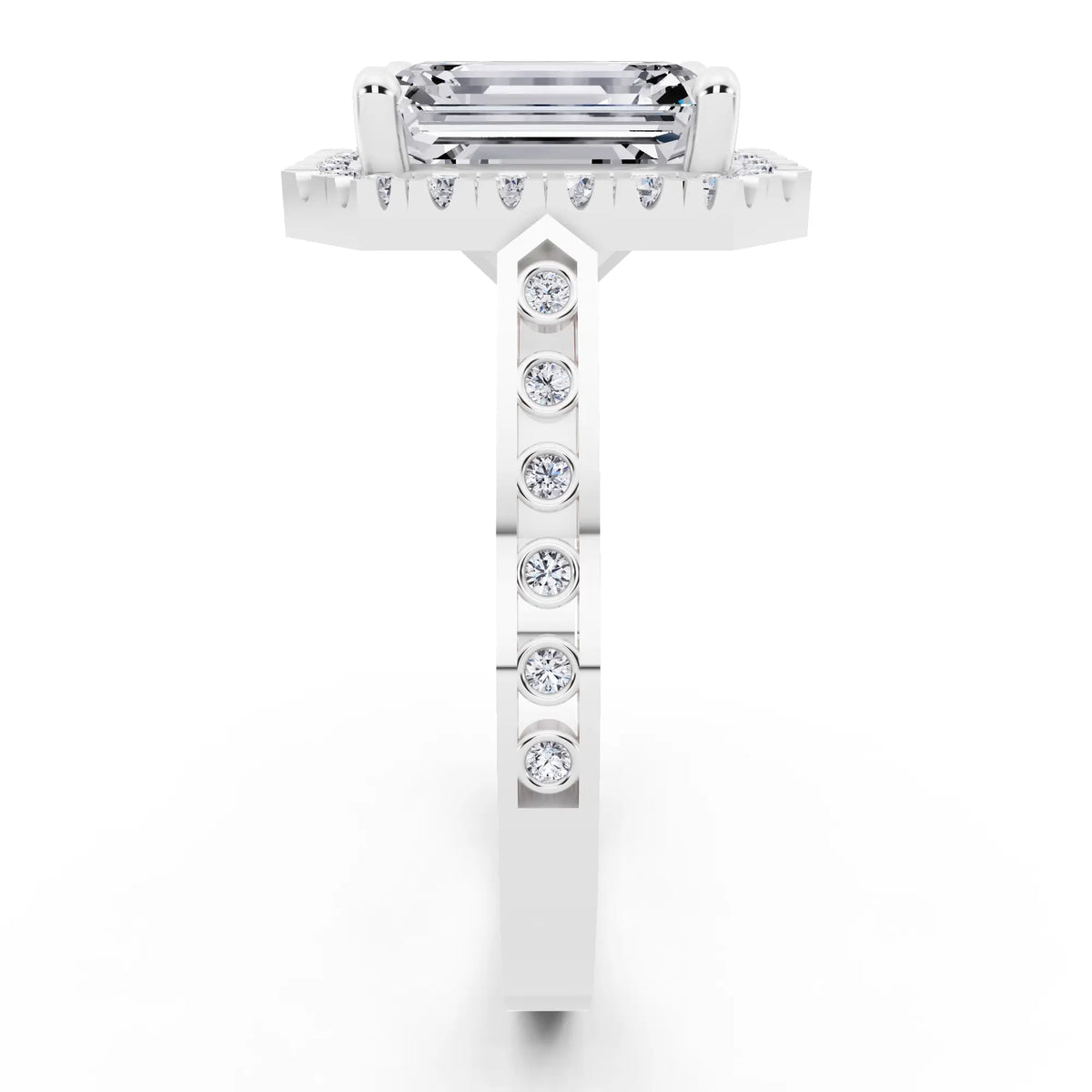 14 KT White Gold Emerald Cut Diamond Halo Ring with Bezel Accent Band - side view