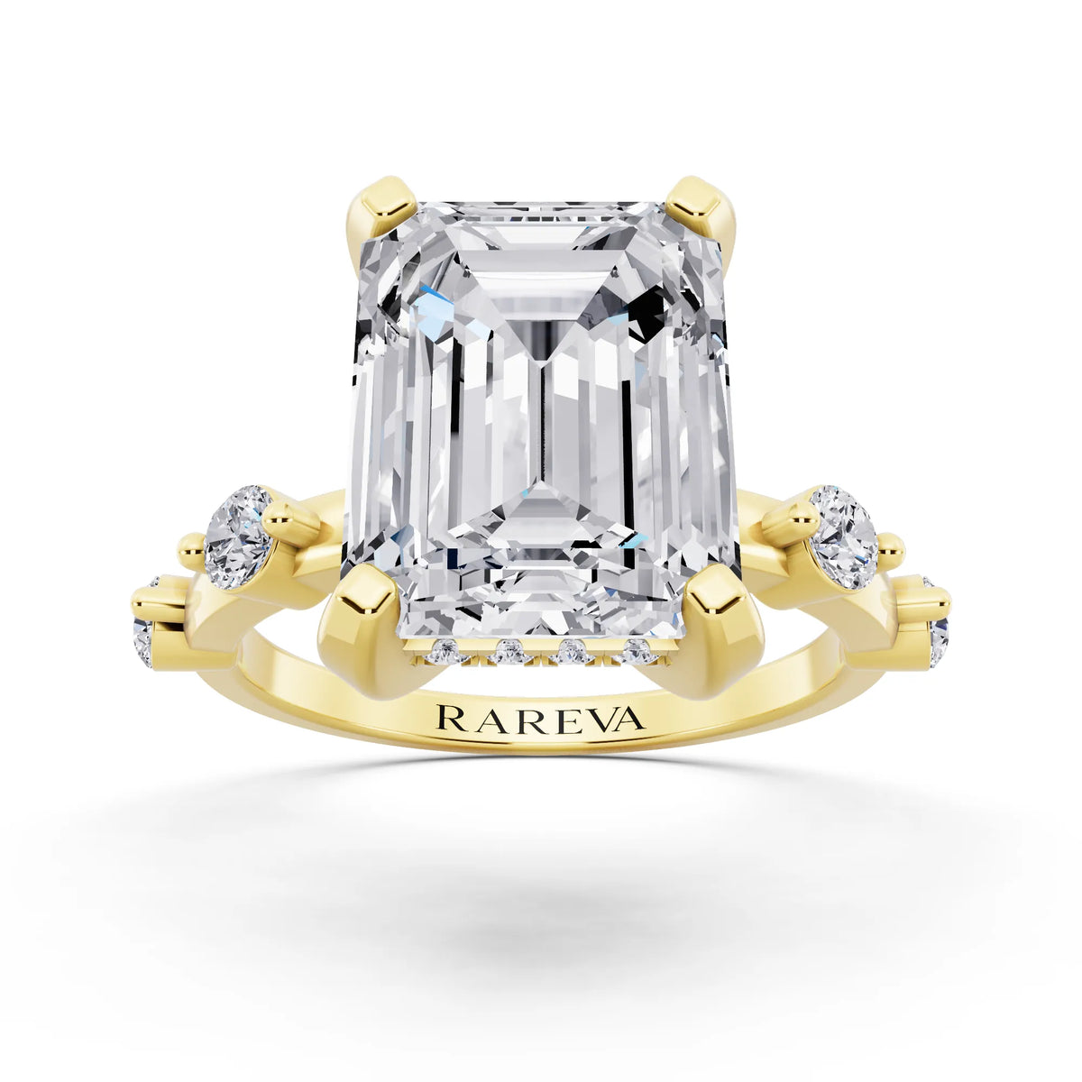 14 KT Yellow Gold Emerald Cut Diamond Solitaire Ring with Floating Diamond Accents - front view
