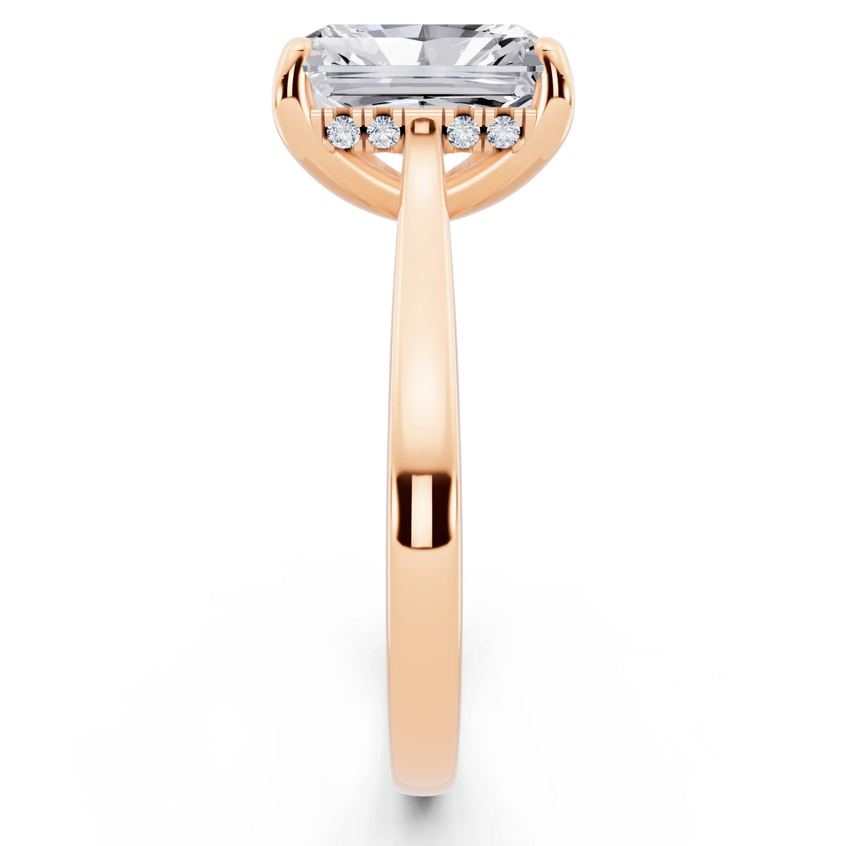 14 KT Rose Gold Radiant Cut Diamond Solitaire Ring with Cathedral Band - side view