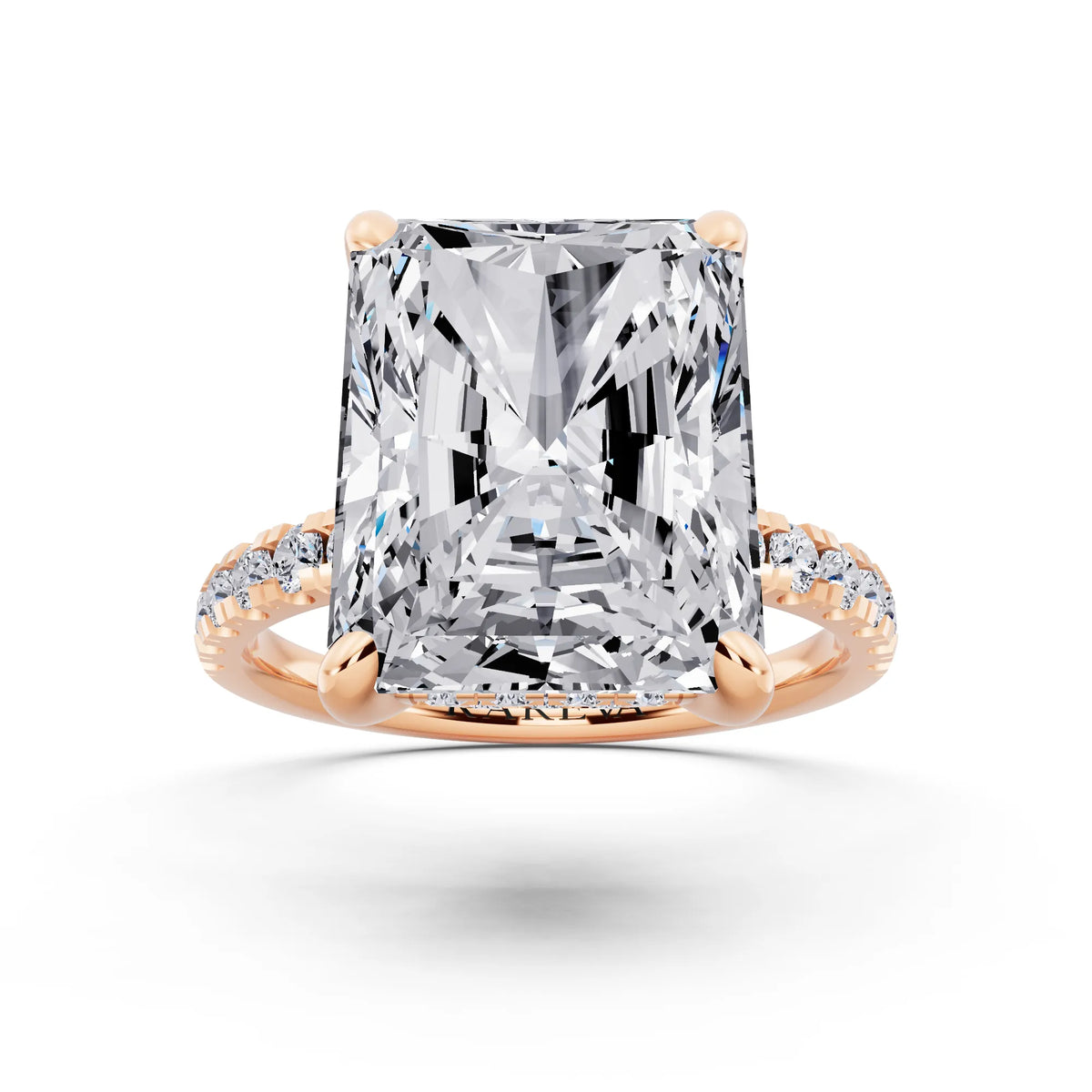 14 KT Rose Gold Radiant Cut Diamond Hidden Halo Tiger Prong Pave Band Ring - front view