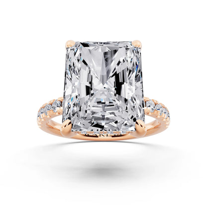 14 KT Rose Gold Radiant Cut Diamond Hidden Halo Tiger Prong Pave Band Ring - front view