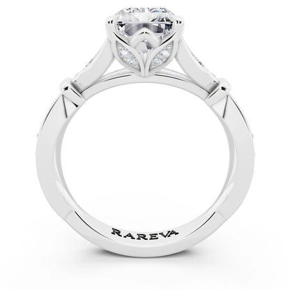 14 KT White Gold Radiant Cut Diamond Ring with Lotus Collar - through finger