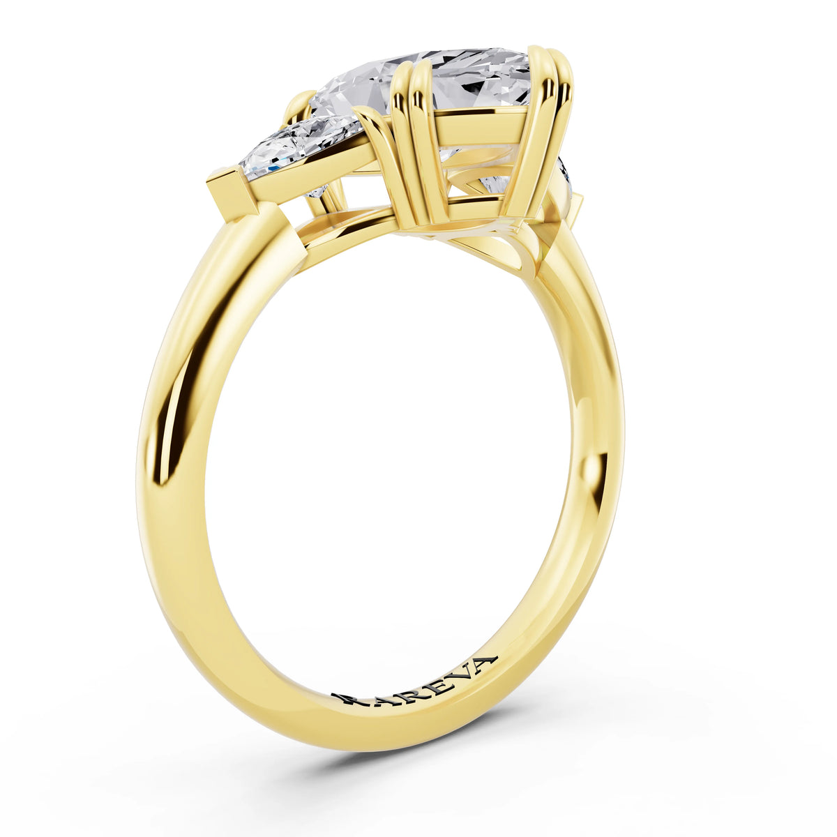 18 KT Yellow Gold Marquise Cut Diamond Three Stone Ring with Trillion Accents - top view