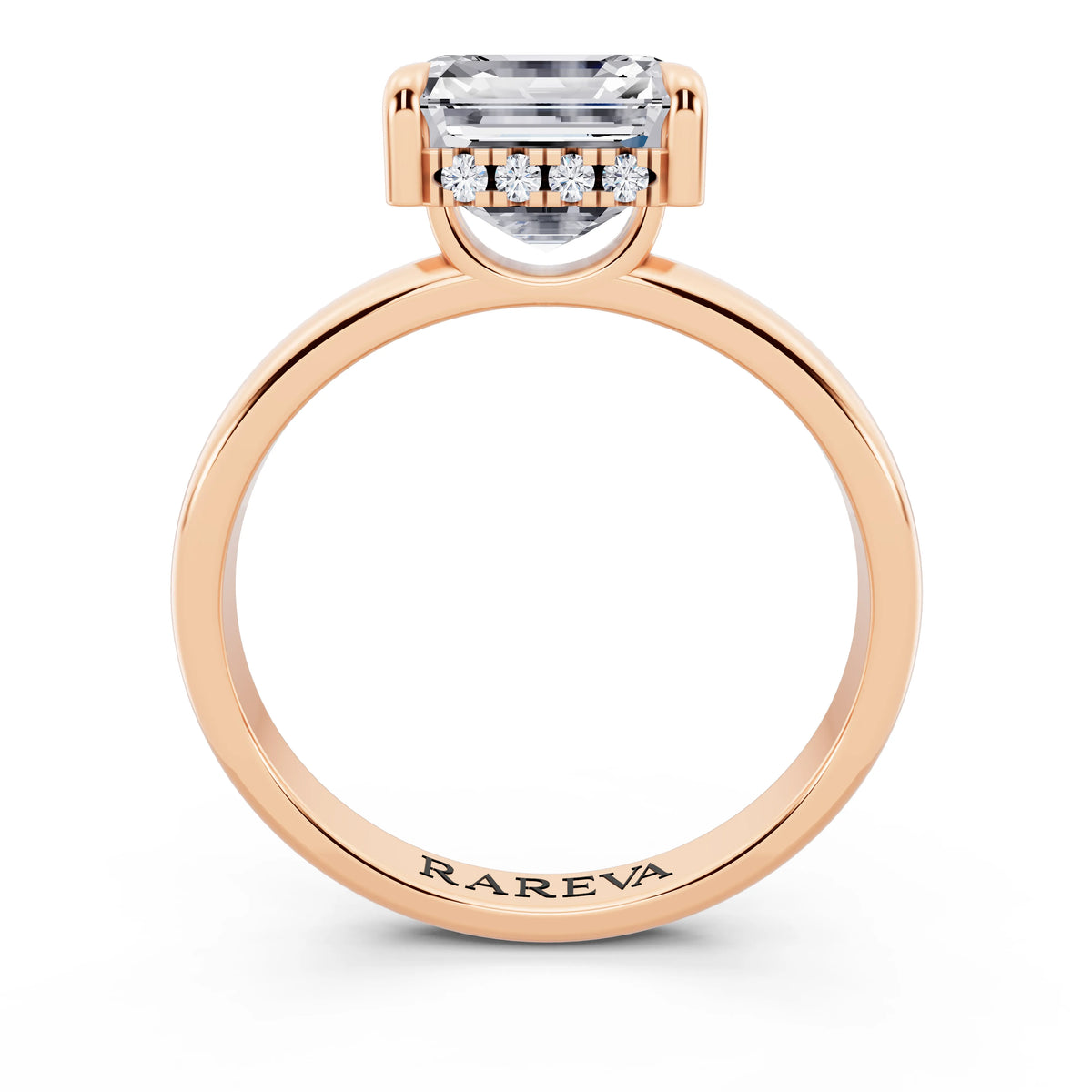 18 KT Rose Gold Asscher Cut Diamond Solitaire Ring with Hidden Halo - through finger
