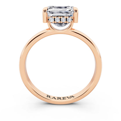 18 KT Rose Gold Asscher Cut Diamond Solitaire Ring with Hidden Halo - through finger