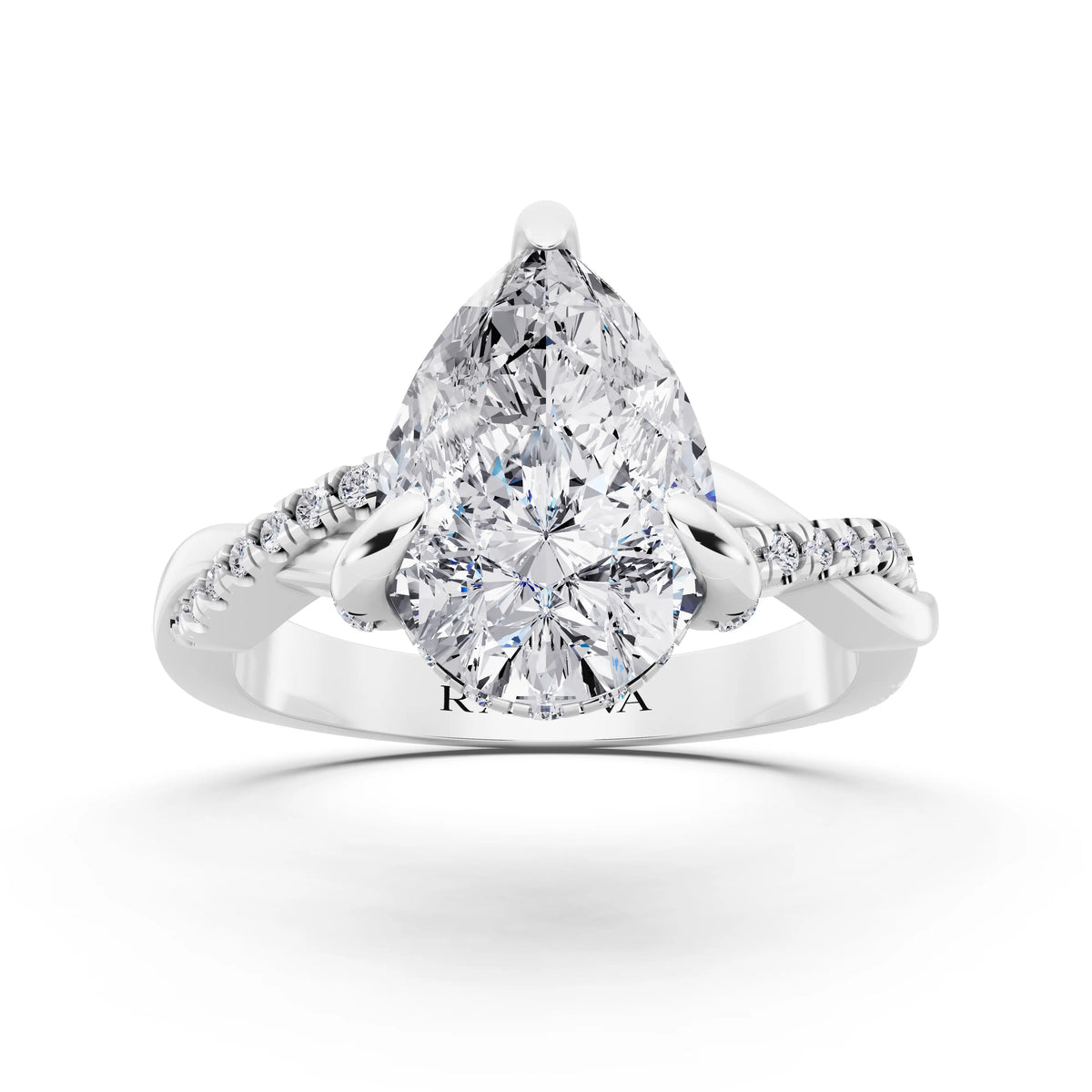14 KT White Gold Pear Cut Diamond Hidden Halo Ring with Twisted Pave Band - front view