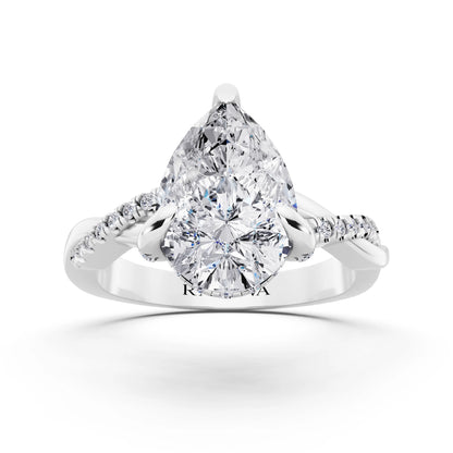 14 KT White Gold Pear Cut Diamond Hidden Halo Ring with Twisted Pave Band - front view