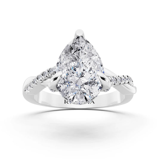 14 KT White Gold Pear Cut Diamond Hidden Halo Ring with Twisted Pave Band - front view
