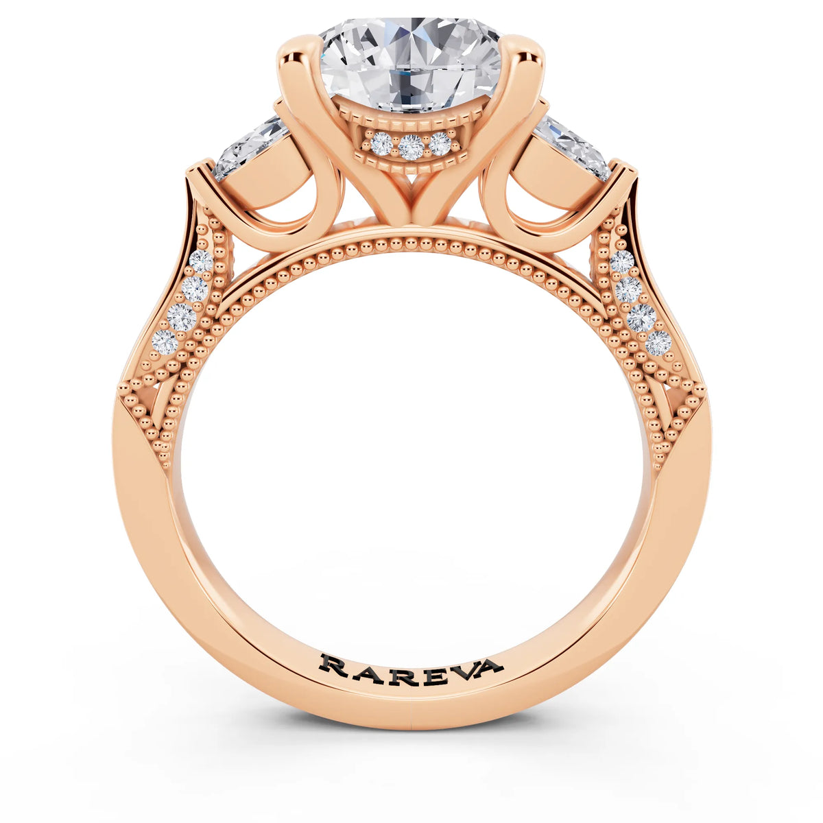 14 KT Rose Gold Round Cut Diamond Three Stone Pear Accent Vintage Pave Ring - through finger