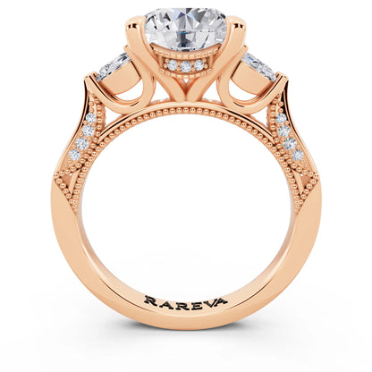 14 KT Rose Gold Round Cut Diamond Three Stone Pear Accent Vintage Pave Ring - through finger