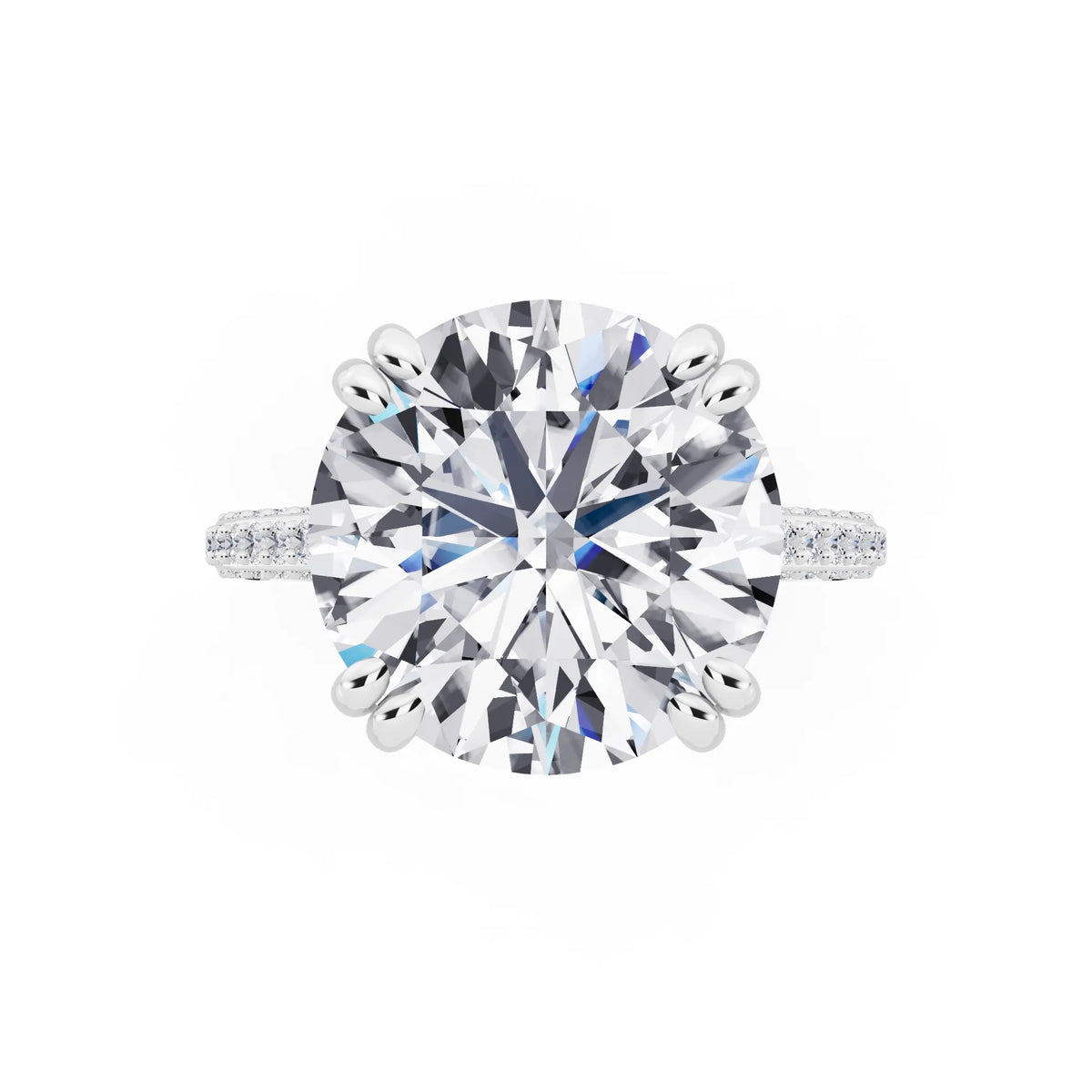 Platinum Round Cut Diamond Hidden Halo Double Claw Pave Band Ring - top angle