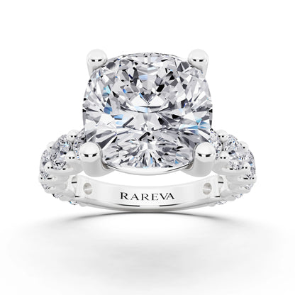 14 KT White Gold Cushion Cut Diamond Ring with Shared Prong Eternity Band - front view