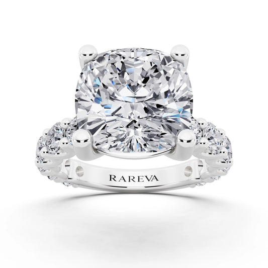 14 KT White Gold Cushion Cut Diamond Ring with Shared Prong Eternity Band - front view