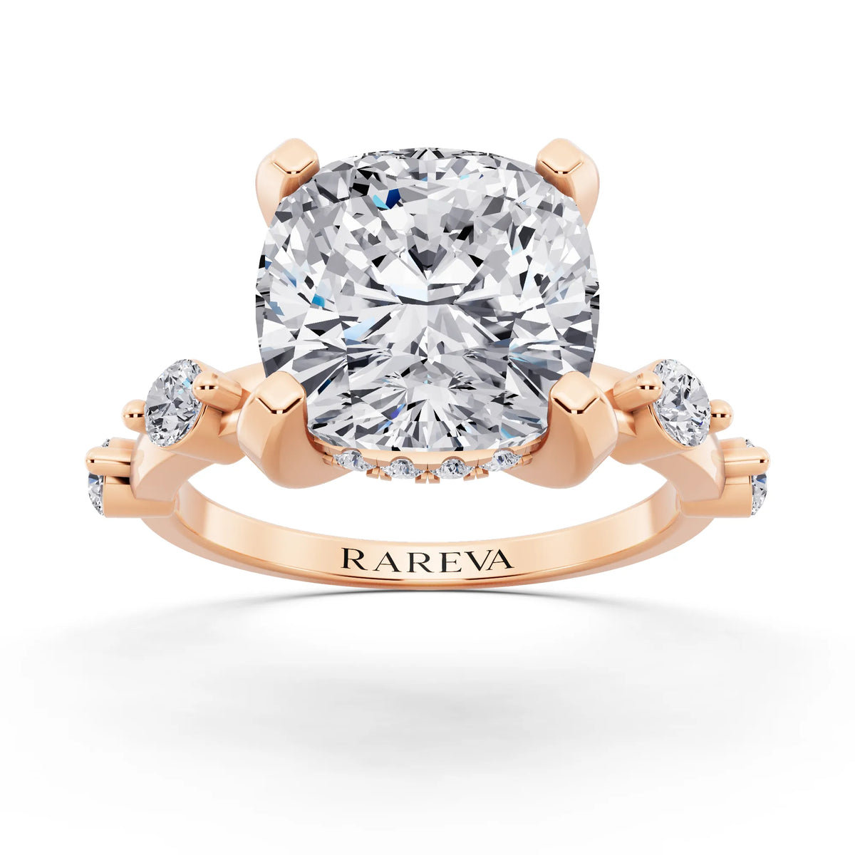 14 KT Rose Gold Cushion Cut Diamond Solitaire Ring with Floating Diamond Accents - front view