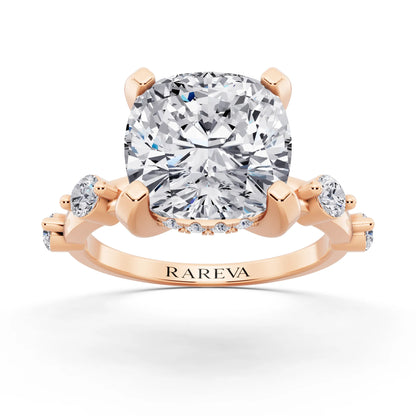 14 KT Rose Gold Cushion Cut Diamond Solitaire Ring with Floating Diamond Accents - front view