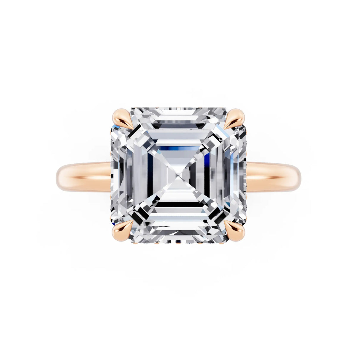 14 KT Rose Gold Asscher Cut Diamond Hidden Halo Solitaire Ring - top angle