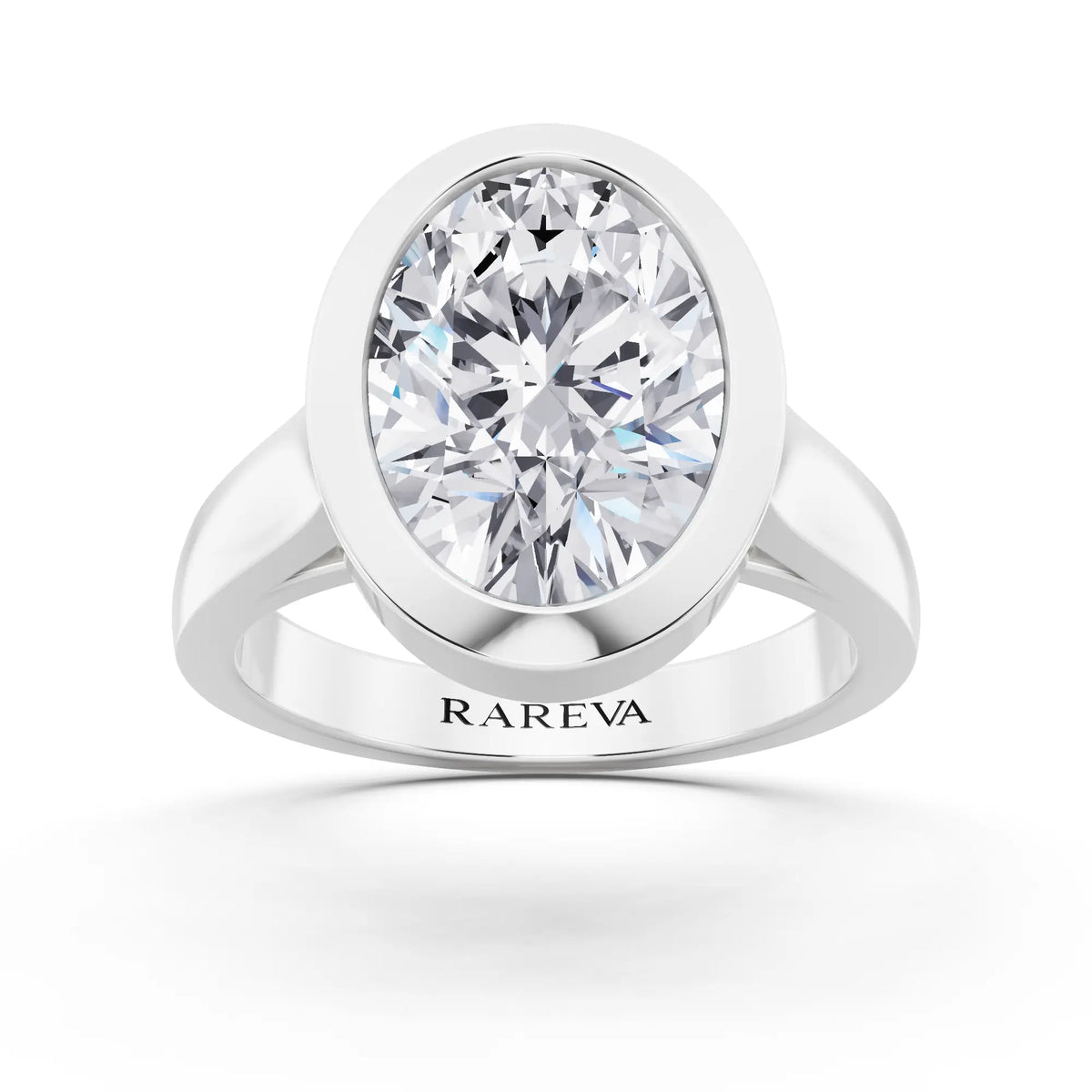 Platinum Oval Cut Diamond Bezel Set Solitaire Ring - front view