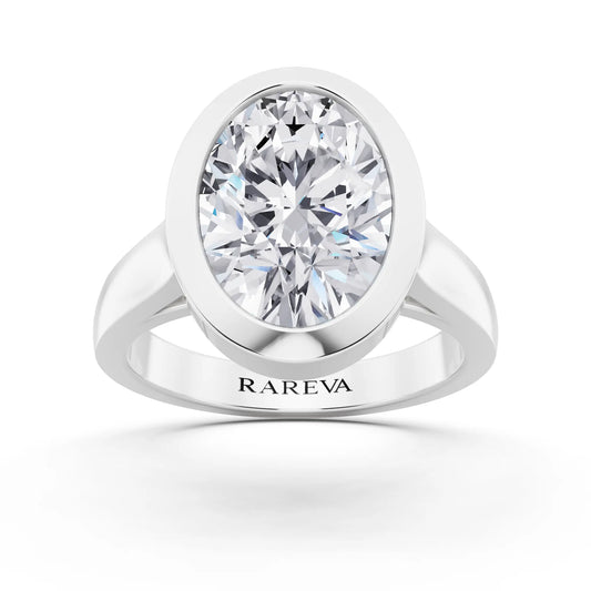 Platinum Oval Cut Diamond Bezel Set Solitaire Ring - front view