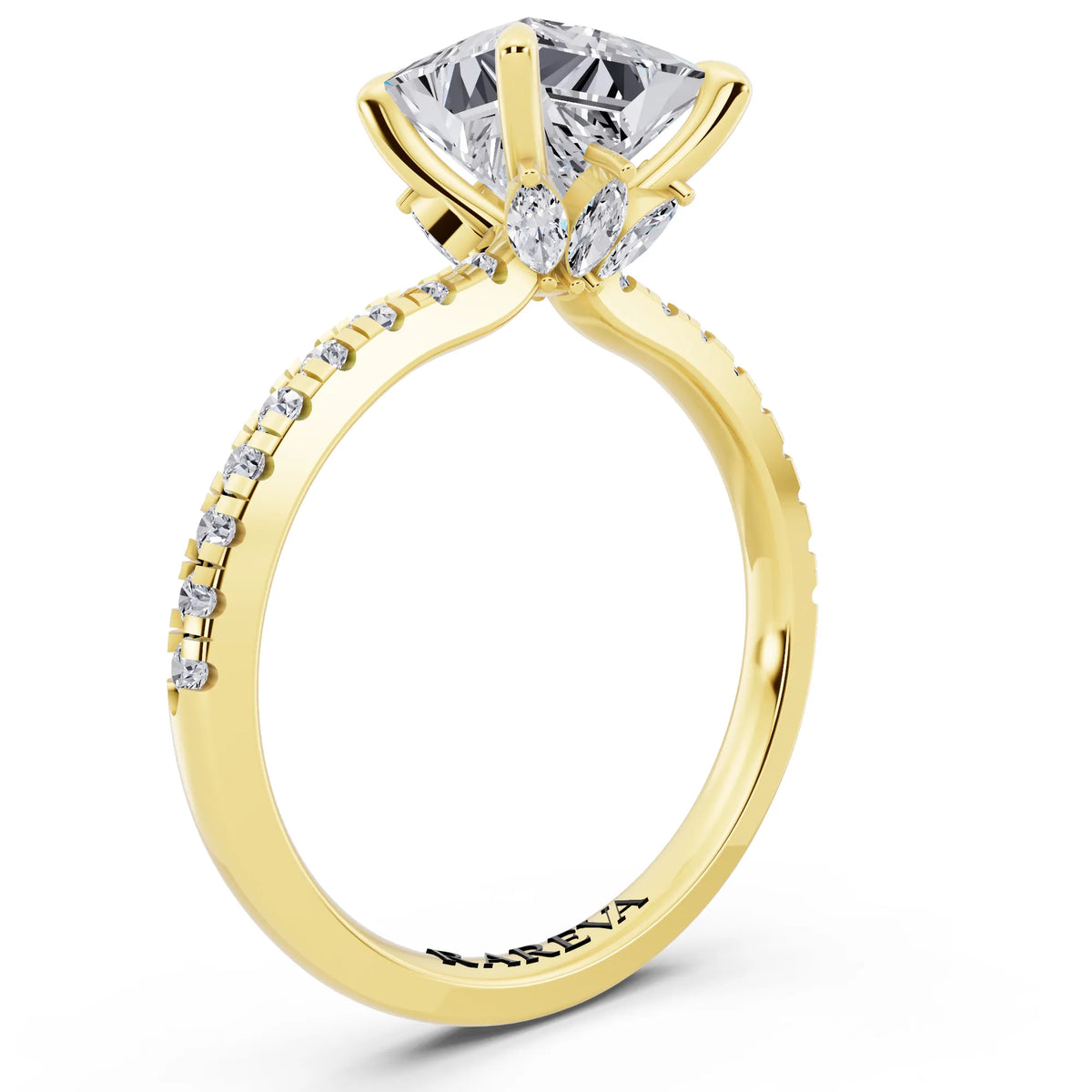 18 KT Yellow Gold Princess Cut Diamond Solitaire Ring with Marquise Collar - top view