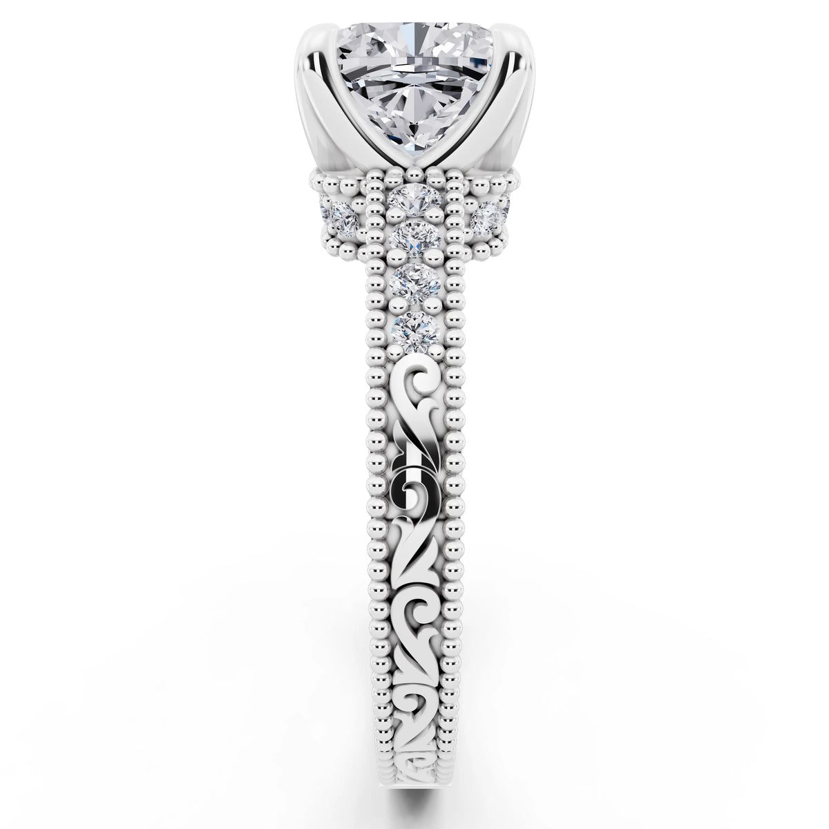 14 KT White Gold Cushion Cut Diamond Vintage - side view