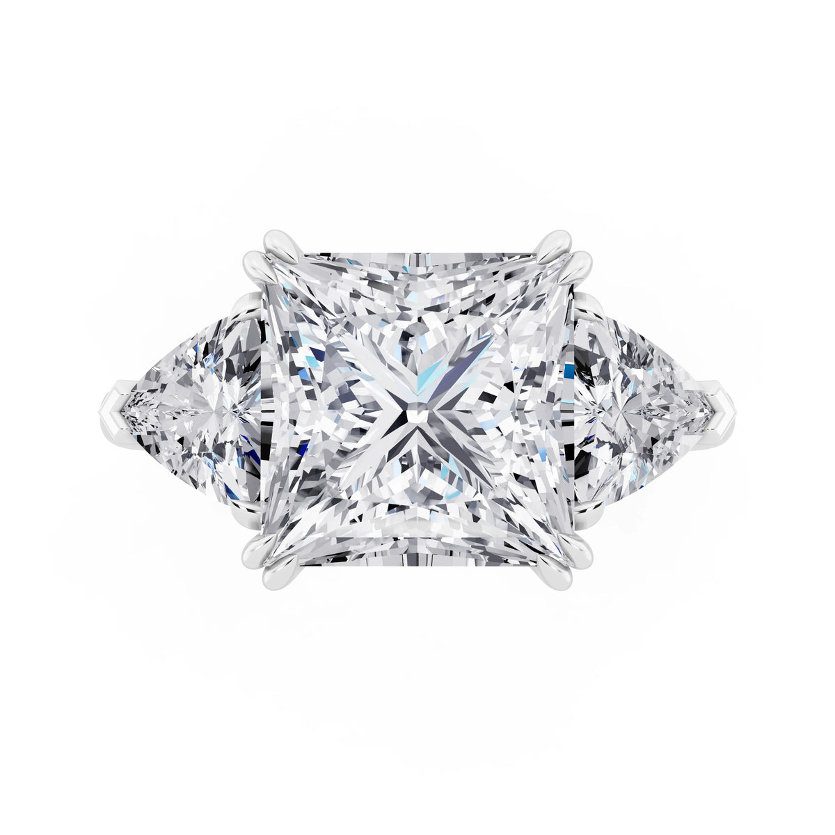 18 KT White Gold Princess Cut Diamond Three Stone Ring with Trillion Accents - top angle