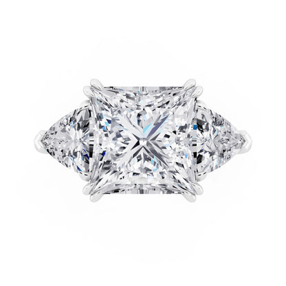 18 KT White Gold Princess Cut Diamond Three Stone Ring with Trillion Accents - top angle