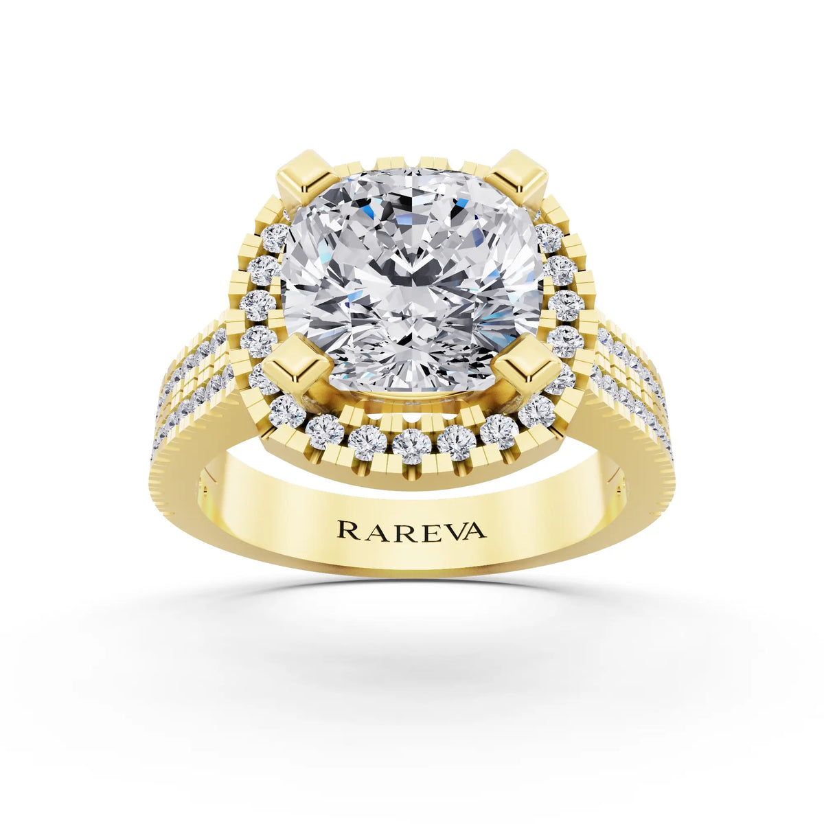 18 KT Yellow Gold Cushion Cut Diamond Halo Ring with Twin Pave Band - front view