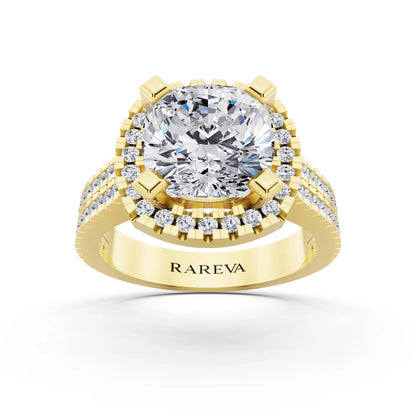 18 KT Yellow Gold Cushion Cut Diamond Halo Ring with Twin Pave Band - front view