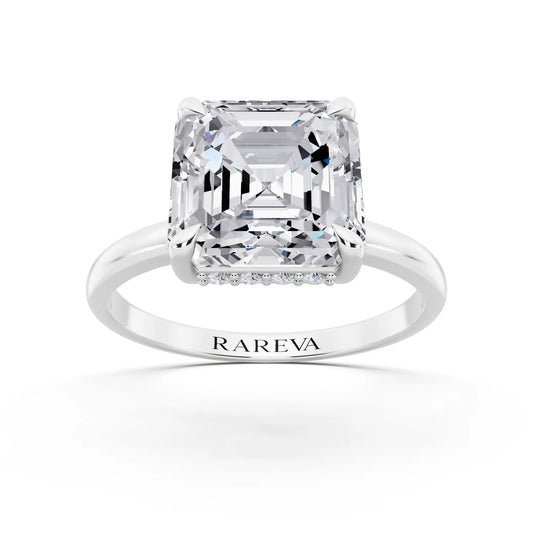 18 KT White Gold Asscher Cut Diamond Hidden Halo Solitaire Ring - front view