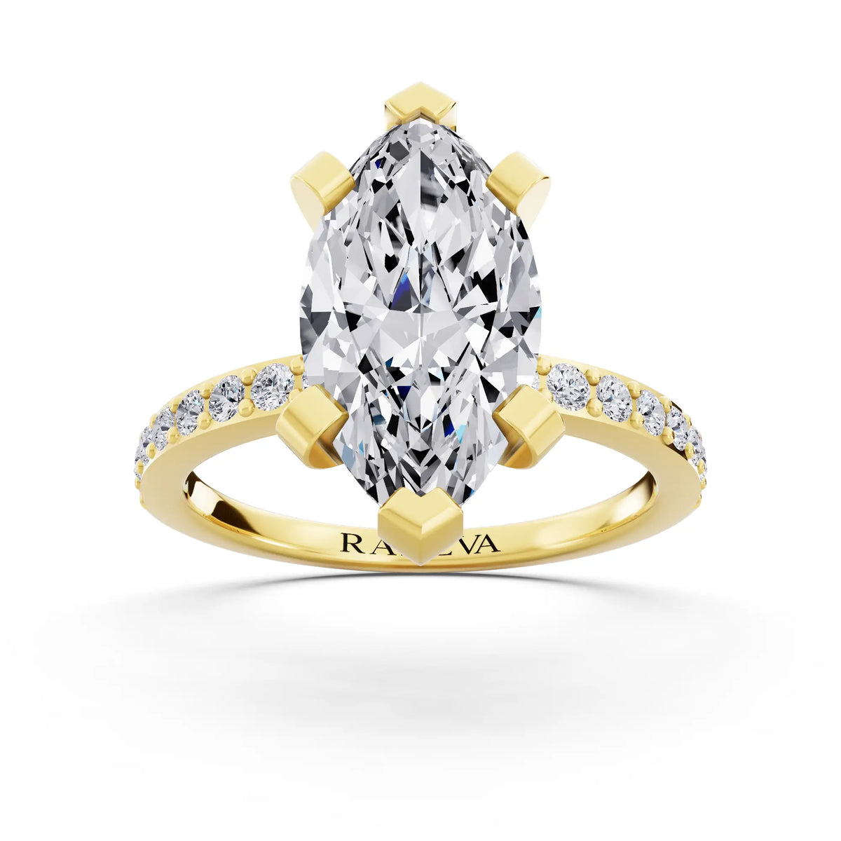18 KT Yellow Gold Marquise Cut Diamond Solitaire Ring with Pave Shank - front view