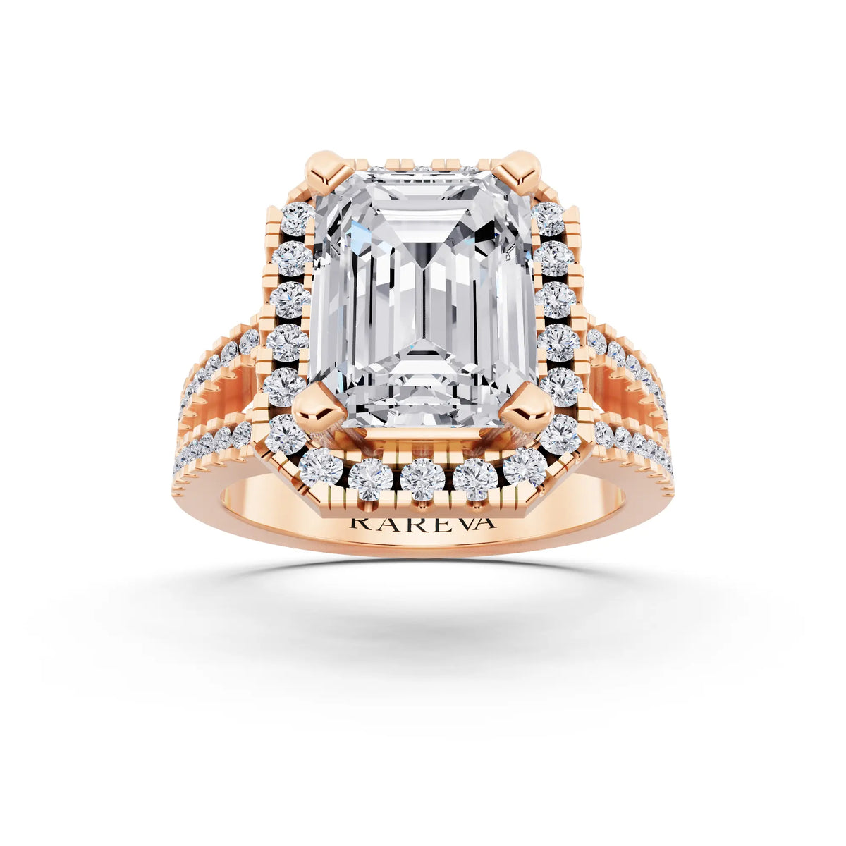 14 KT Rose Gold Emerald Cut Diamond Halo Ring with Pave Split Shank - front view