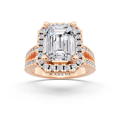 14 KT Rose Gold Emerald Cut Diamond Halo Ring with Pave Split Shank - front view