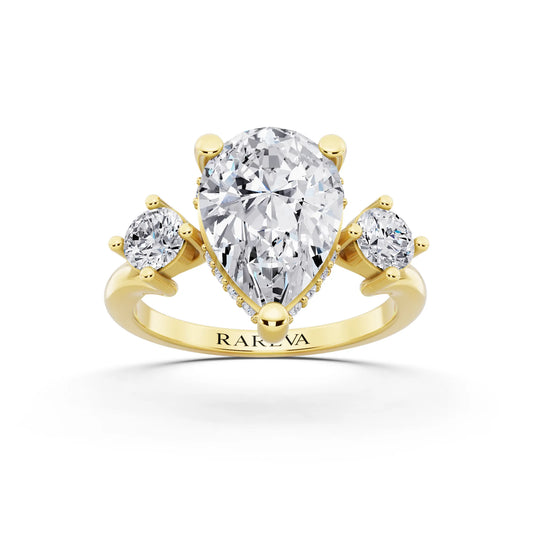 18 KT Yellow Gold Pear Cut Diamond Three Stone Engagement Ring with Hidden Halo - front view
