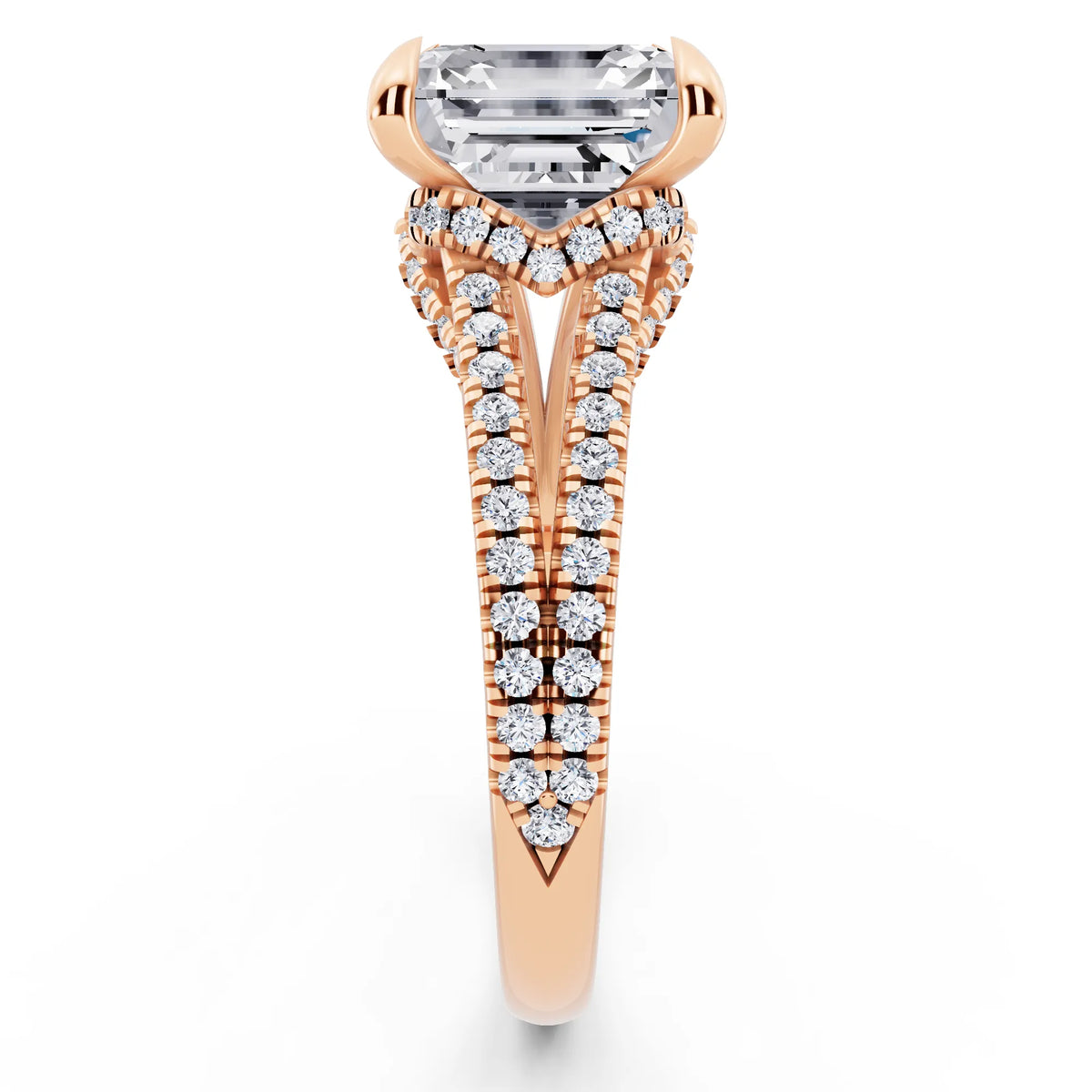 18 KT Rose Gold Asscher Cut Diamond Ring with Pavé Split Shank - side view
