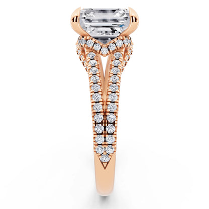 18 KT Rose Gold Asscher Cut Diamond Ring with Pavé Split Shank - side view
