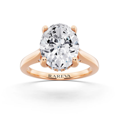 18 KT Rose Gold Oval Cut Diamond Solitaire Ring with Cathedral Band - front view