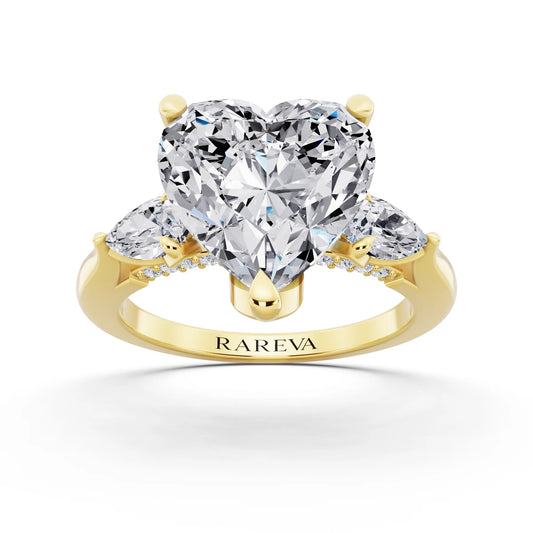 14 KT Yellow Gold Heart Cut Diamond Cluster Engagement Ring with Pear Accents and Pavé Band - front view