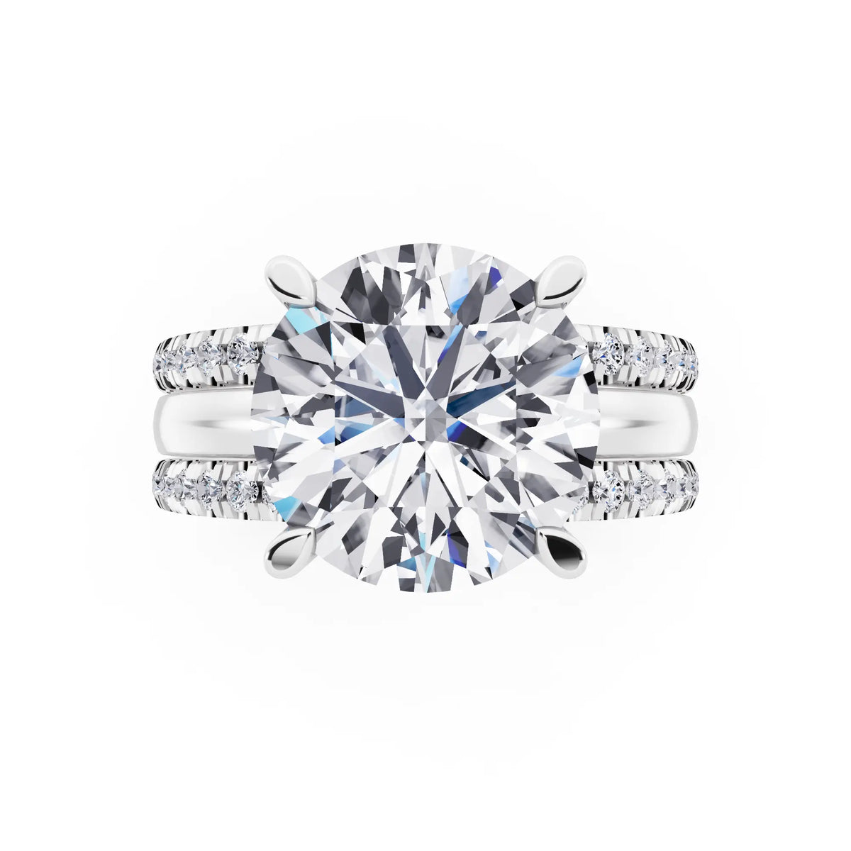 Platinum Round Cut Diamond Solitaire Twin Pave Band Stack Ring - top angle