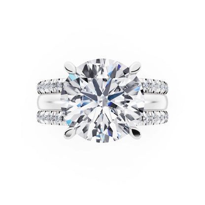 Platinum Round Cut Diamond Solitaire Twin Pave Band Stack Ring - top angle