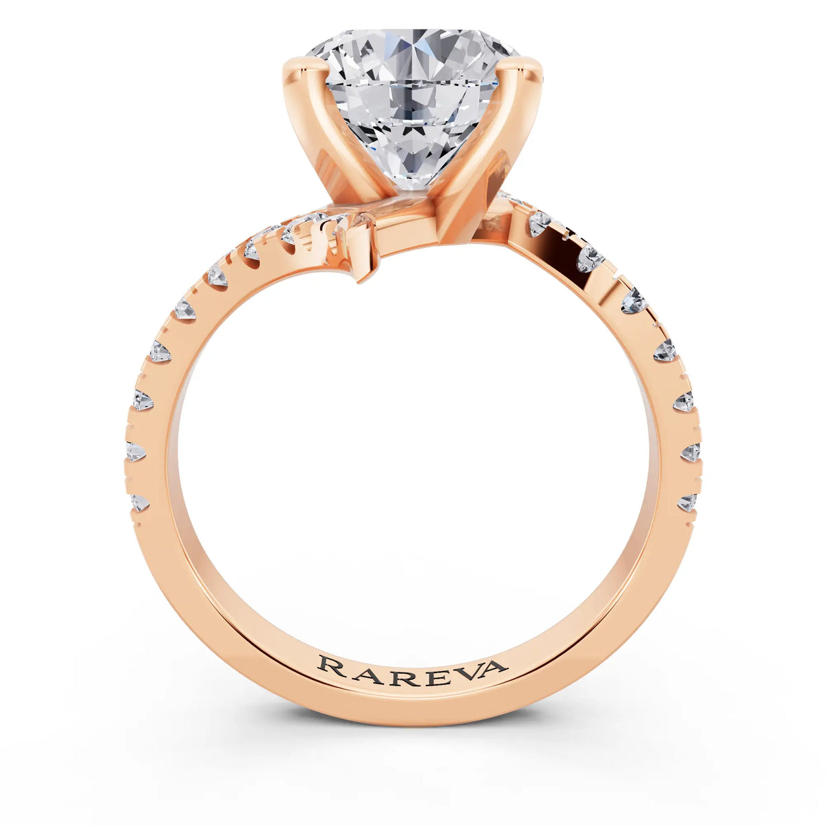 14 KT Rose Gold Round Cut Diamond Solitaire Ring with Pave Band and Accents - Through